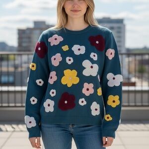 YAL New York Floral Patterned Sweater - Blue with Multicolor Flowers